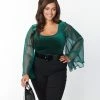 Smak Parlour Plus Size Emerald Velvet Bell Sleeve Bodysuit