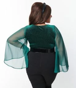Smak Parlour Plus Size Emerald Velvet Bell Sleeve Bodysuit