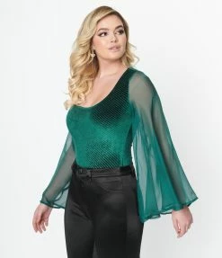Smak Parlour Smak Parlor Emerald Velvet Bell Sleeve Bodysuit New Arrivals!