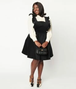 Trending Unique Vintage Plus Size Black Corduroy Ruffle Pinafore