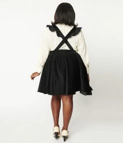 Trending Unique Vintage Plus Size Black Corduroy Ruffle Pinafore