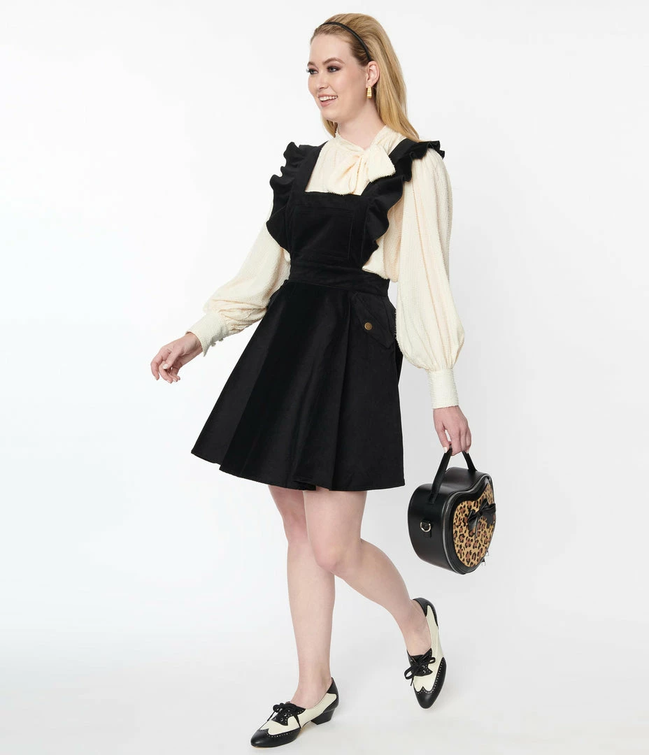 Unique Vintage Black Corduroy Ruffle Pinafore