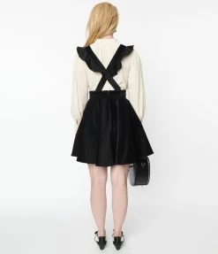 Unique Vintage Black Corduroy Ruffle Pinafore
