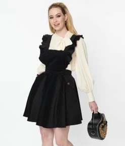 Unique Vintage Black Corduroy Ruffle Pinafore