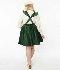 New Arrivals! Unique Vintage Plus Size Emerald Corduroy Ruffle Pinafore