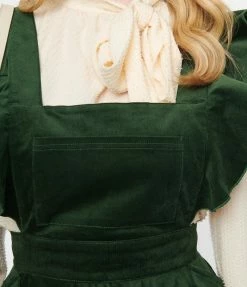 Unique Vintage Emerald Corduroy Ruffle Pinafore
