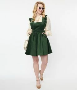 Unique Vintage Emerald Corduroy Ruffle Pinafore