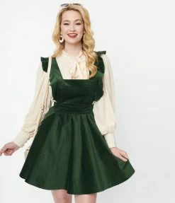 Unique Vintage Emerald Corduroy Ruffle Pinafore