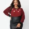 New Arrivals! Unique Vintage Plus Size Merlot & Crochet Floral Accent Sweater