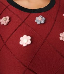 New Arrivals! Unique Vintage Plus Size Merlot & Crochet Floral Accent Sweater