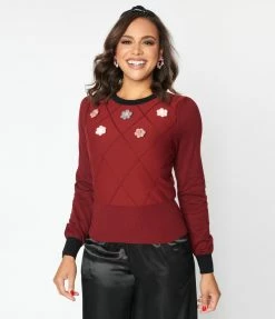 Unique Vintage Merlot & Crochet Floral Accent Sweater New Arrivals!