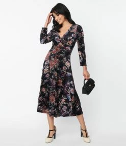 Unique Vintage Black Floral Textured Velvet Gilda Swing Dress Clothing