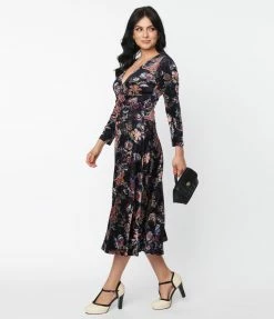 Unique Vintage Black Floral Textured Velvet Gilda Swing Dress Clothing