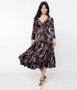 Unique Vintage Black Floral Textured Velvet Gilda Swing Dress Clothing