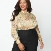 Unique Vintage Plus Size Tan & Cream Floral Satin Keyhole Button Waist Blouse