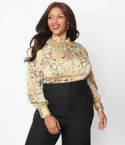 Unique Vintage Plus Size Tan & Cream Floral Satin Keyhole Button Waist Blouse
