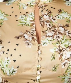 Unique Vintage Plus Size Tan & Cream Floral Satin Keyhole Button Waist Blouse