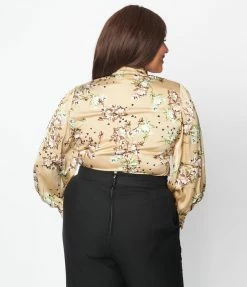 Unique Vintage Plus Size Tan & Cream Floral Satin Keyhole Button Waist Blouse