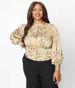 Unique Vintage Plus Size Tan & Cream Floral Satin Keyhole Button Waist Blouse
