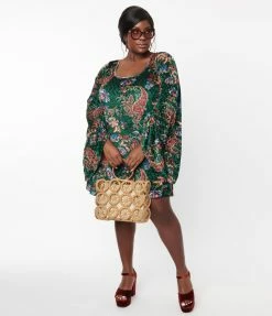 New Arrivals! Smak Parlour Plus Size Green & Red Paisley Velvet Downtown Scene Mini Dress