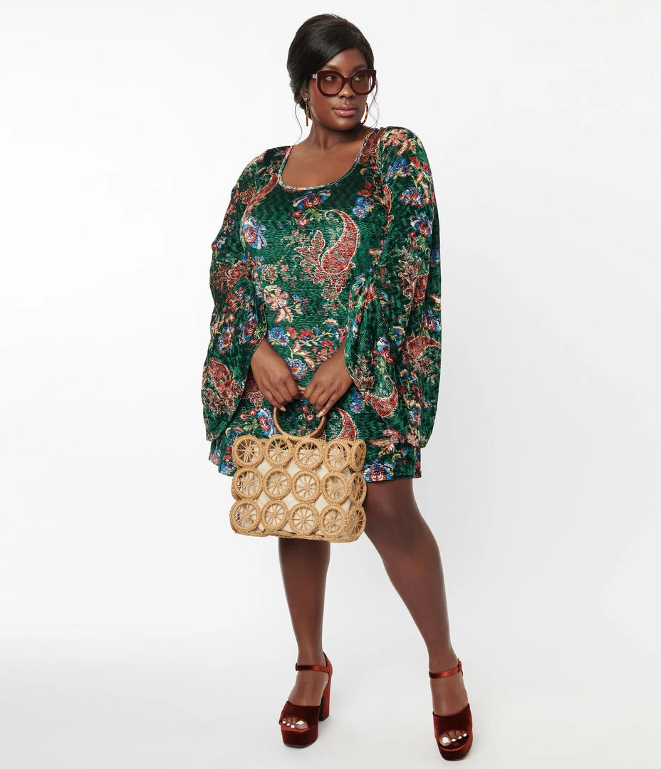 New Arrivals! Smak Parlour Plus Size Green & Red Paisley Velvet Downtown Scene Mini Dress