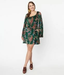 Smak Parlour Green & Red Paisley Velvet Downtown Scene Mini Dress