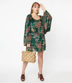Smak Parlour Green & Red Paisley Velvet Downtown Scene Mini Dress
