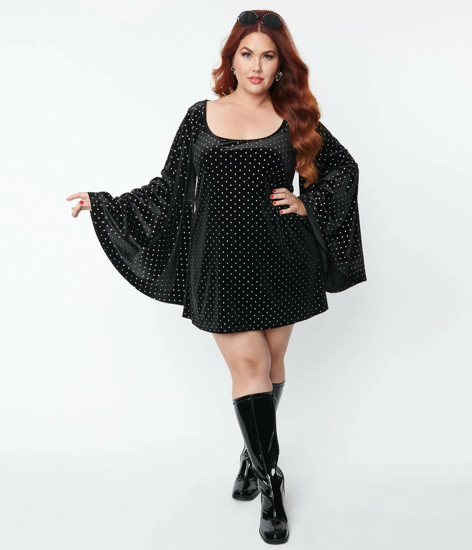 Smak Parlour Plus Size Black Velvet & Silver Pin Dots Downtown Scene Mini Dress