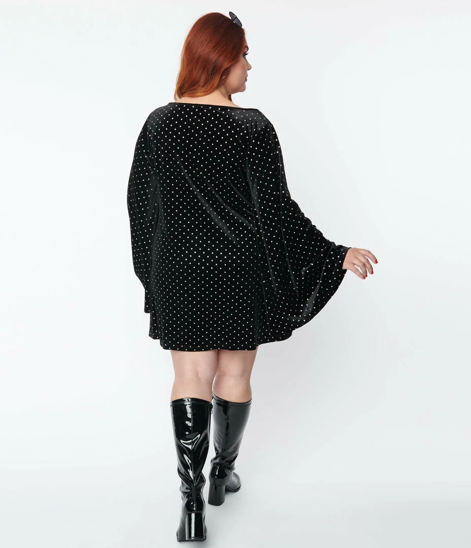 Smak Parlour Plus Size Black Velvet & Silver Pin Dots Downtown Scene Mini Dress