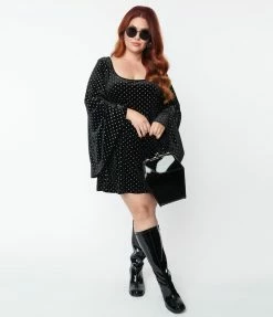 Smak Parlour Plus Size Black Velvet & Silver Pin Dots Downtown Scene Mini Dress