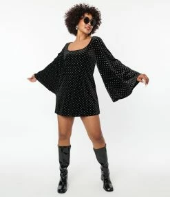 New Arrivals! Smak Parlour Black Velvet & Silver Pin Dots Downtown Scene Mini Dress