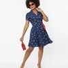 Unique Vintage Blue Dog & Candy Cane Wrap Dress