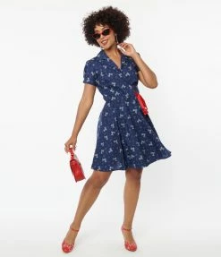 Unique Vintage Blue Dog & Candy Cane Wrap Dress