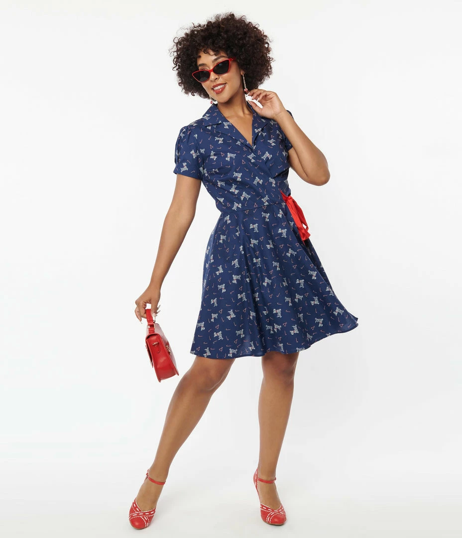 Unique Vintage Blue Dog & Candy Cane Wrap Dress