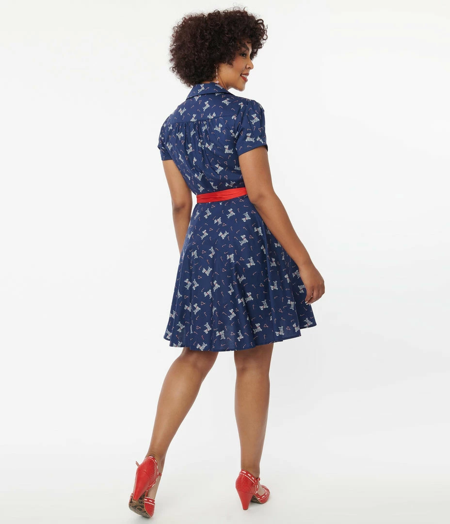 Unique Vintage Blue Dog & Candy Cane Wrap Dress