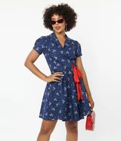 Unique Vintage Blue Dog & Candy Cane Wrap Dress