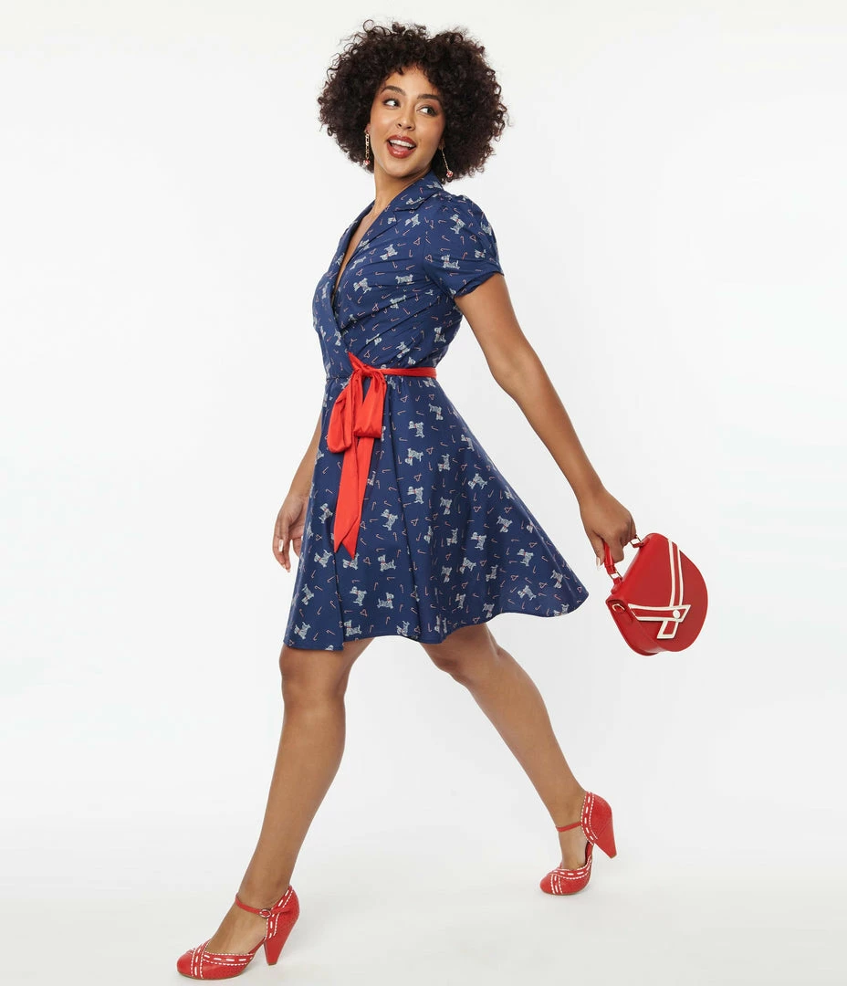 Unique Vintage Blue Dog & Candy Cane Wrap Dress