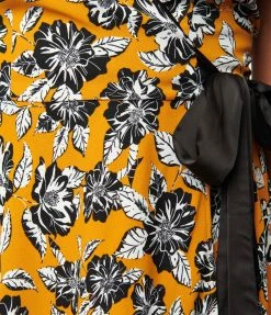 Unique Vintage Orange & Black Floral Wrap Dress