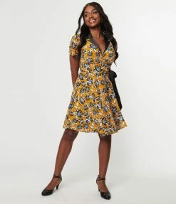 Unique Vintage Orange & Black Floral Wrap Dress