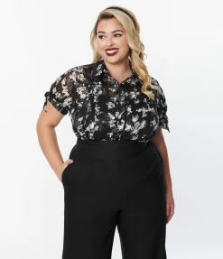 Unique Vintage Plus Size Black & White Floral Colvin Blouse New Arrivals!