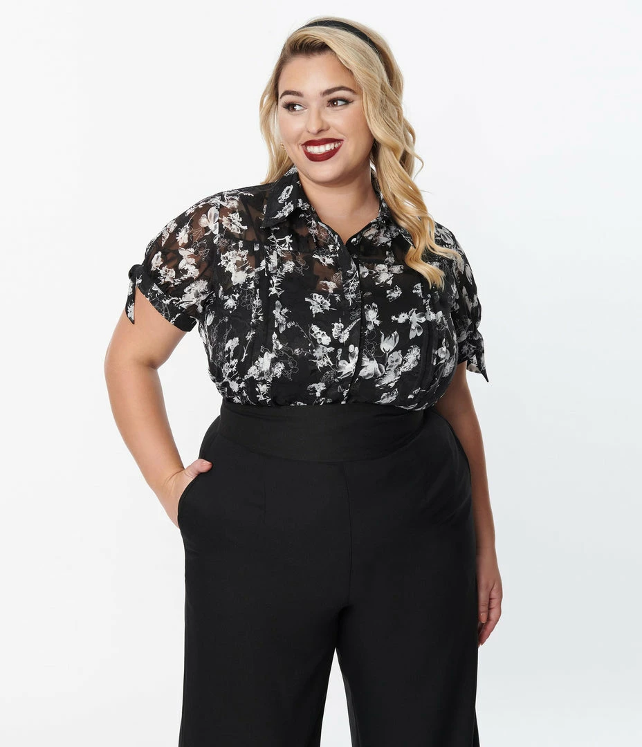 Unique Vintage Plus Size Black & White Floral Colvin Blouse New Arrivals!
