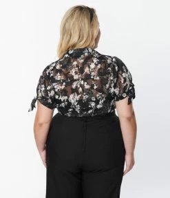 Unique Vintage Plus Size Black & White Floral Colvin Blouse New Arrivals!
