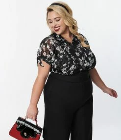 Unique Vintage Plus Size Black & White Floral Colvin Blouse New Arrivals!