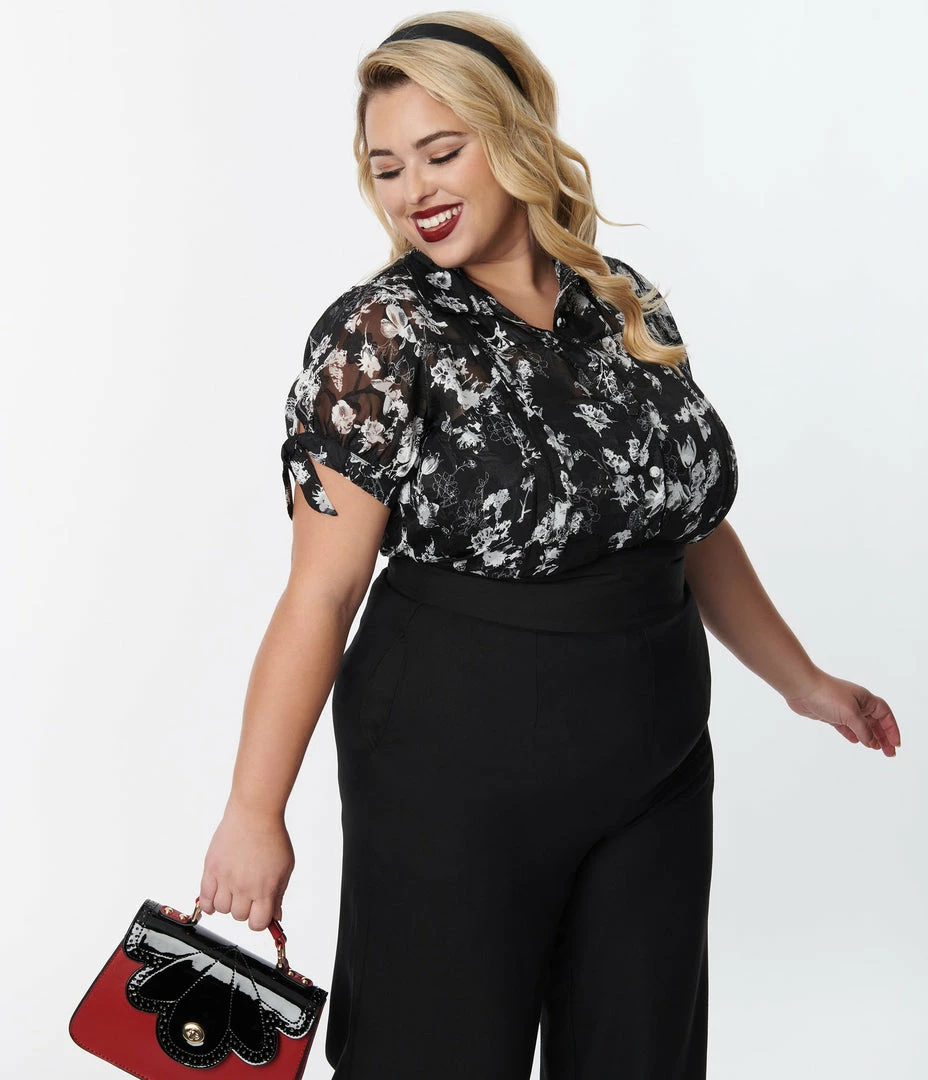 Unique Vintage Plus Size Black & White Floral Colvin Blouse New Arrivals!