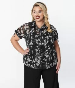 Unique Vintage Plus Size Black & White Floral Colvin Blouse New Arrivals!