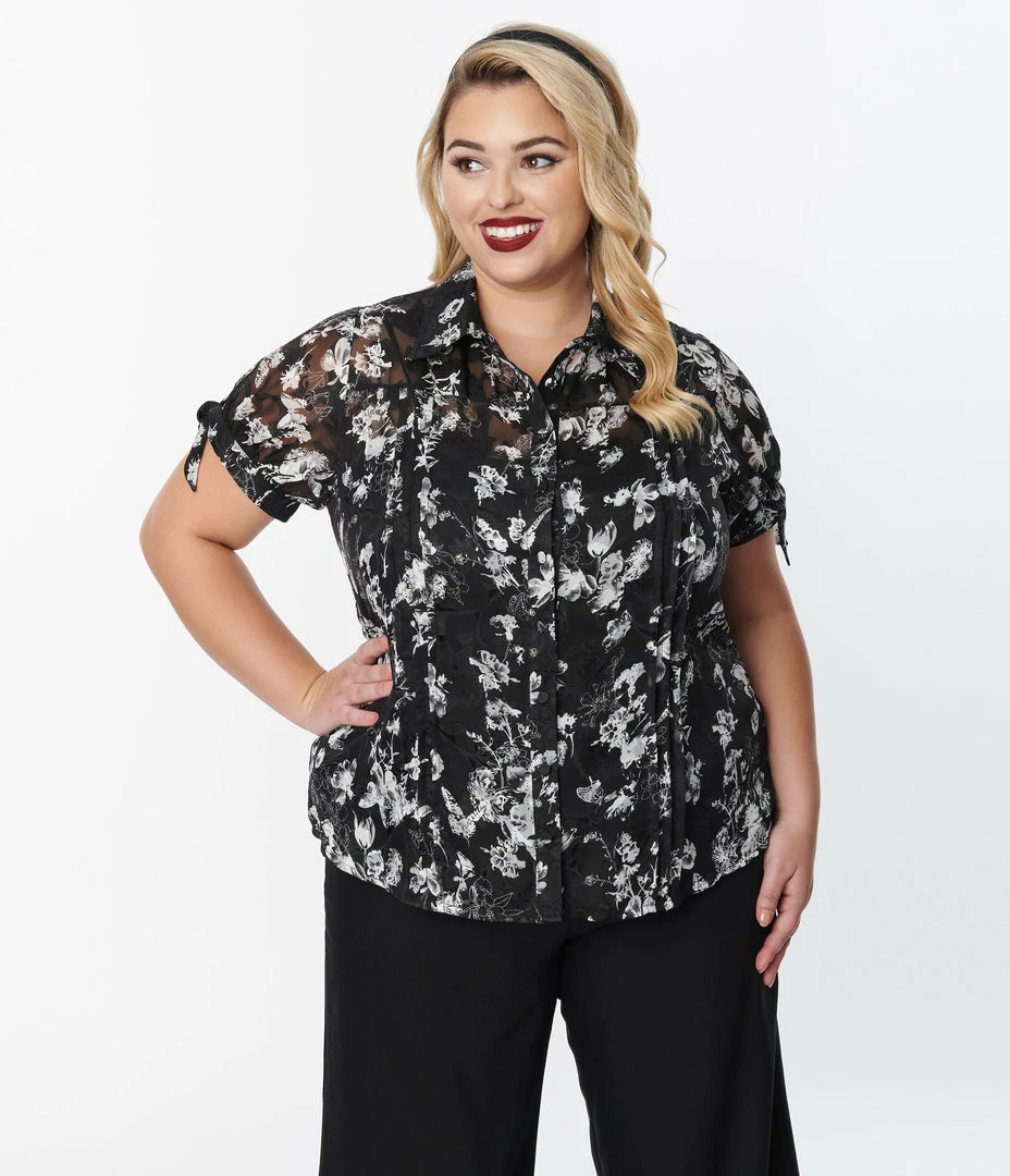 Unique Vintage Plus Size Black & White Floral Colvin Blouse New Arrivals!