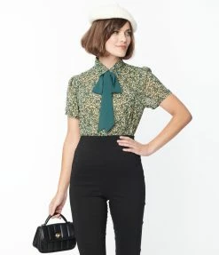 Smak Parlour Green & Leaves Chiffon Power Play Blouse