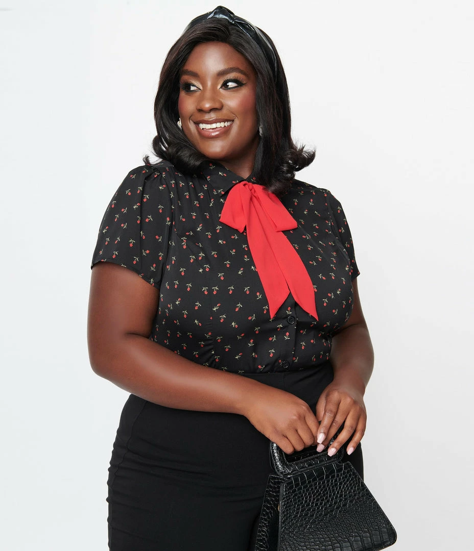 Clothing Smak Parlour Plus Size Black & Red Roses Chiffon Power Play Blouse