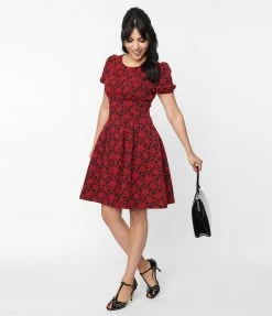 Clothing Unique Vintage Flocked Burgundy Floral Flare Dress