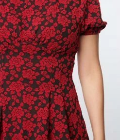 Clothing Unique Vintage Flocked Burgundy Floral Flare Dress